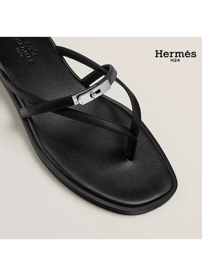 Hermes H24 صندل هيرميس H24 ميس من جلد العجل، بأشرطة متقاطعة ومشبك معدني، 0.6 سم، صيفي للنساء، أسود - Image 4