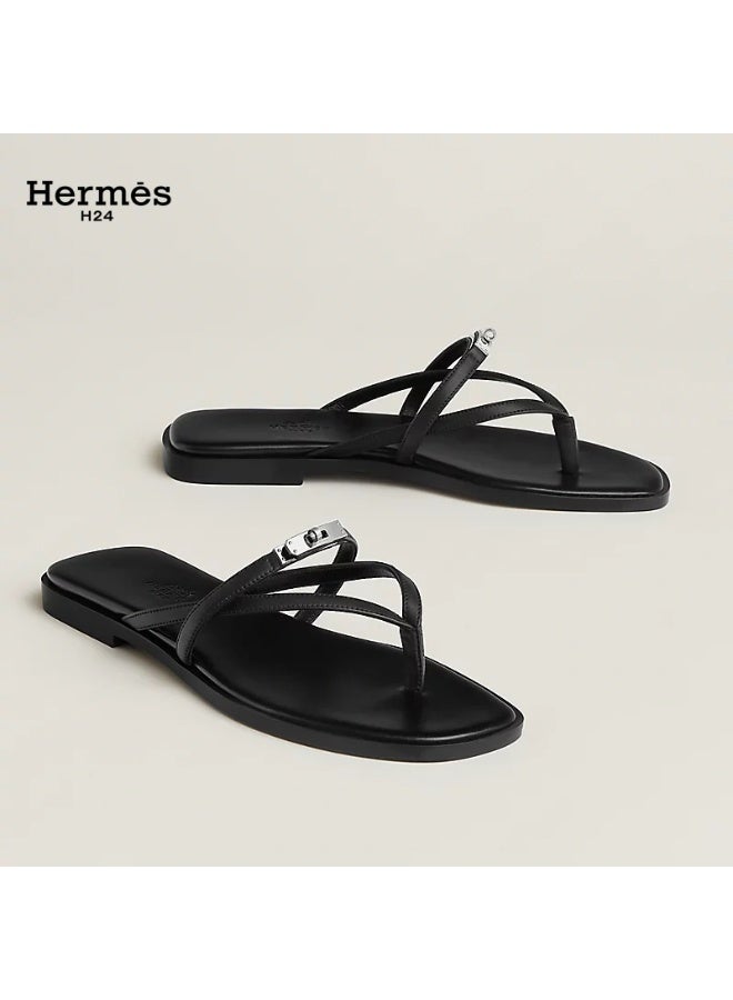 Hermes H24 صندل هيرميس H24 ميس من جلد العجل، بأشرطة متقاطعة ومشبك معدني، 0.6 سم، صيفي للنساء، أسود - Image 1