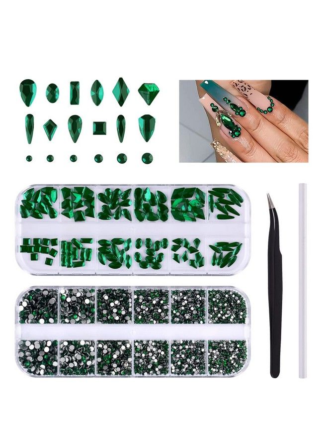 EBANKU 3120 Pcs Green Nail Art Rhinestone Gems Kit Ebanku Nail Art Crystal Flat Back Nail Diamond Jewels With Tweezers And Drill Pen - Image 1