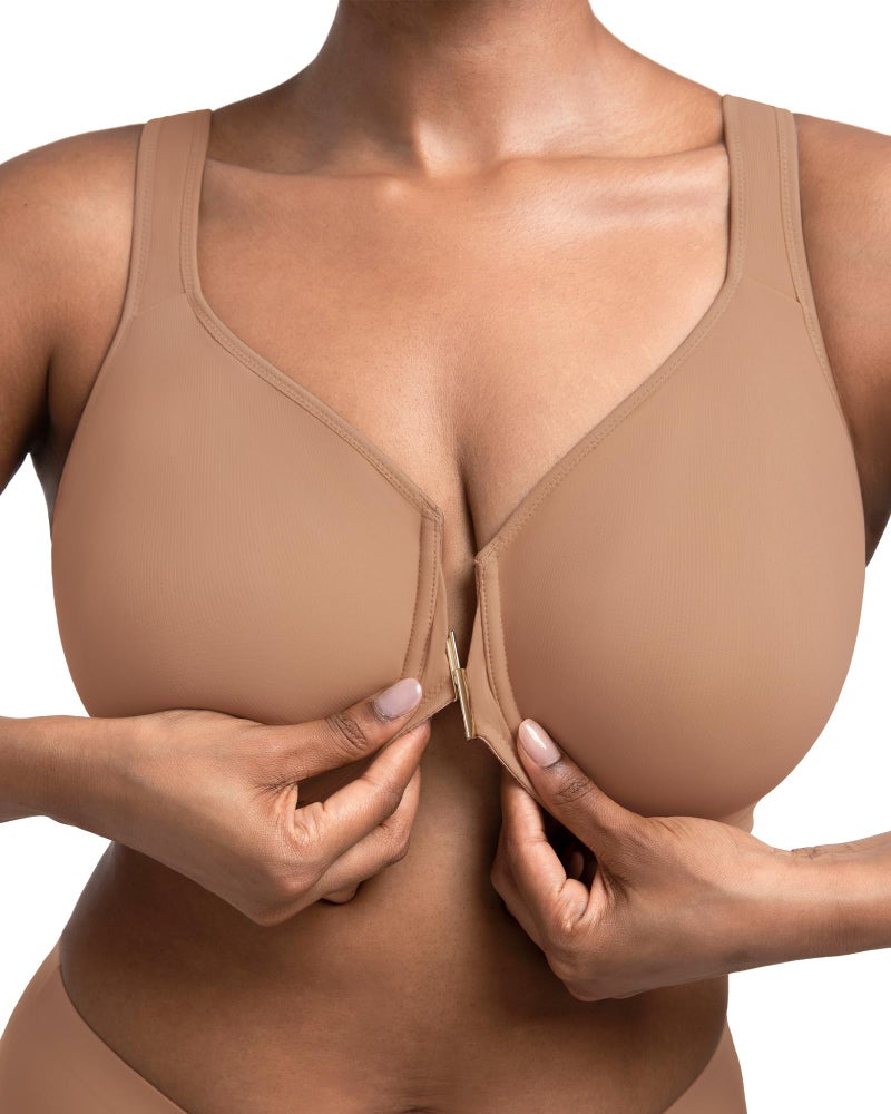 HSIA Posture Bras for Women - Front Closure Posture Corrector Bra Back Support Seamless Plus Size Tshirt Underwire Bra Dark Beige - Image 3