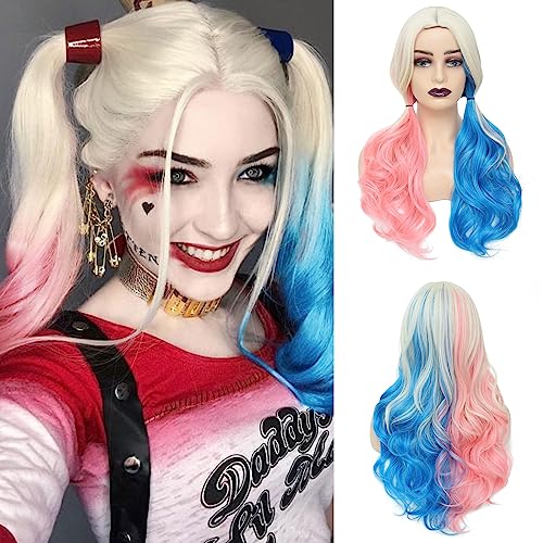 WECAN Pink and Blue Long Curly Wigs for Women - Cosplay & Halloween Party - Synthetic Fibers - Suicide Squad Harley Quinn Wig - Image 1