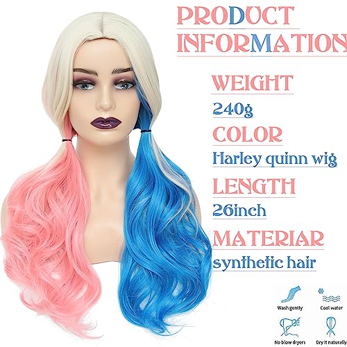 WECAN Pink and Blue Long Curly Wigs for Women - Cosplay & Halloween Party - Synthetic Fibers - Suicide Squad Harley Quinn Wig - Image 3
