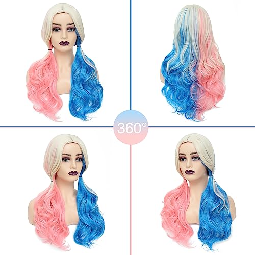 WECAN Pink and Blue Long Curly Wigs for Women - Cosplay & Halloween Party - Synthetic Fibers - Suicide Squad Harley Quinn Wig - Image 2