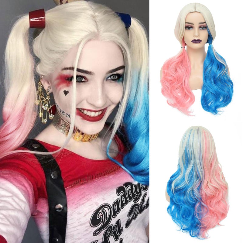 WECAN Pink and Blue Long Curly Wigs for Women - Cosplay & Halloween Party - Synthetic Fibers - Suicide Squad Harley Quinn Wig - Image 5