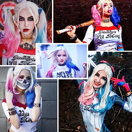 WECAN Pink and Blue Long Curly Wigs for Women - Cosplay & Halloween Party - Synthetic Fibers - Suicide Squad Harley Quinn Wig - Image 4