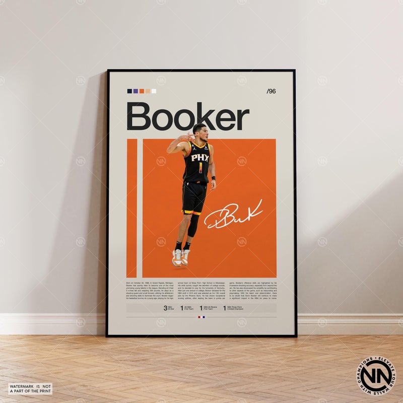 TNESSENTIAL Devin Booker Poster, Phoenix Suns Poster, NBA Poster, Sports Poster, Mid Century Modern, NBA Fans, Basketball Gift, Sports Bedroom Posters - Image 1