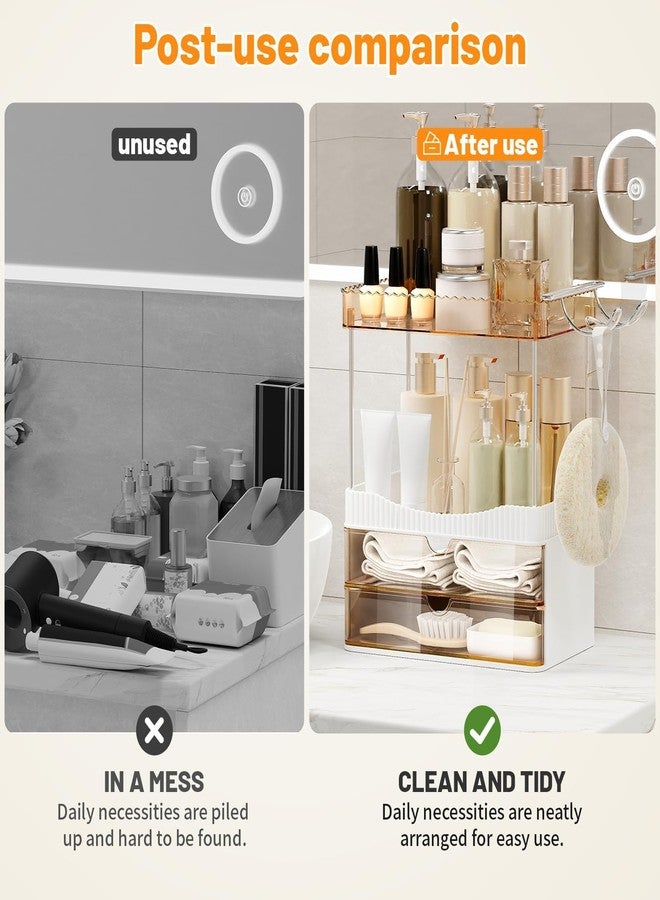 TasticTotes Bathroom Counter Organizer with Hairdryer Holder, 2-Tier 2-Drawer Shower Organizer for Skincare, Makeup Cosmetics, Large Capacity Vanity Organizer, Bathroom Decor, Valentine's Day(Amber) - Image 4