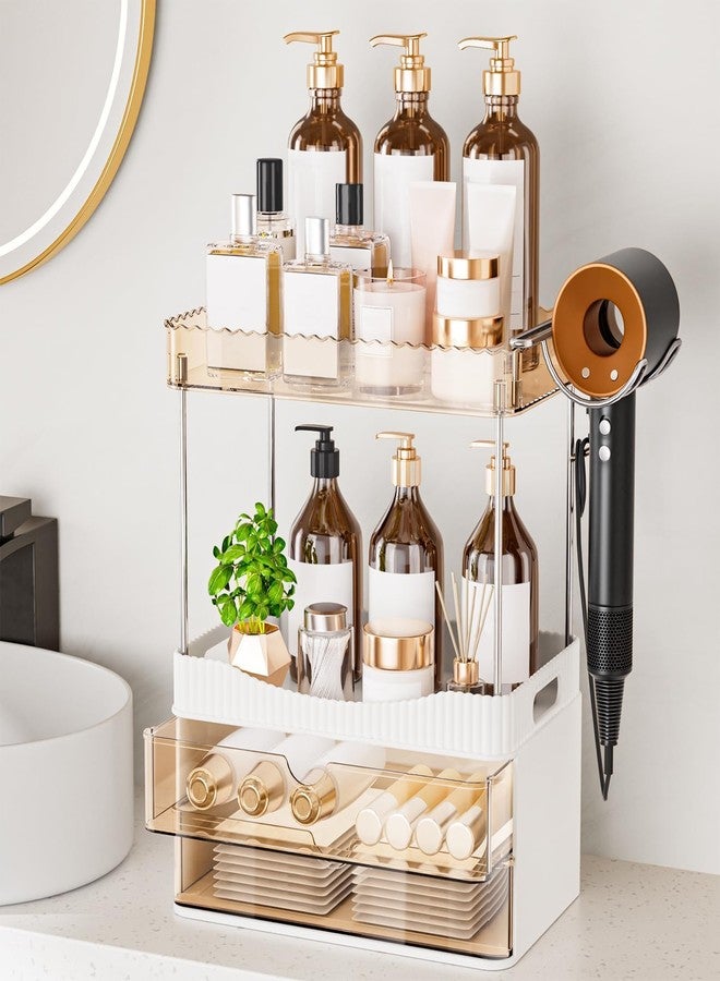 TasticTotes Bathroom Counter Organizer with Hairdryer Holder, 2-Tier 2-Drawer Shower Organizer for Skincare, Makeup Cosmetics, Large Capacity Vanity Organizer, Bathroom Decor, Valentine's Day(Amber) - Image 1