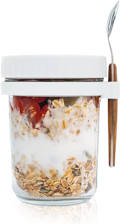 BLISS START Glass Overnight Oats Jars With Spoon And Lid Airtight Oatmeal Container With Measurement Marks Mason Jars With Lid For Cereal On The Go Container Pack Of 1 - Image 1
