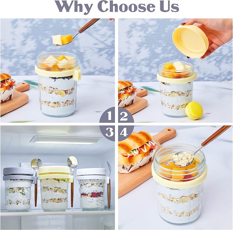 BLISS START Glass Overnight Oats Jars With Spoon And Lid Airtight Oatmeal Container With Measurement Marks Mason Jars With Lid For Cereal On The Go Container Pack Of 1 - Image 2