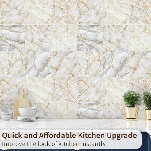 funlife 50Pcs Peel and Stick Backsplash Wall Tile for Kitchen Bathroom Laundry Room, 5.9"x5.9" White Gold Marble - Image 4