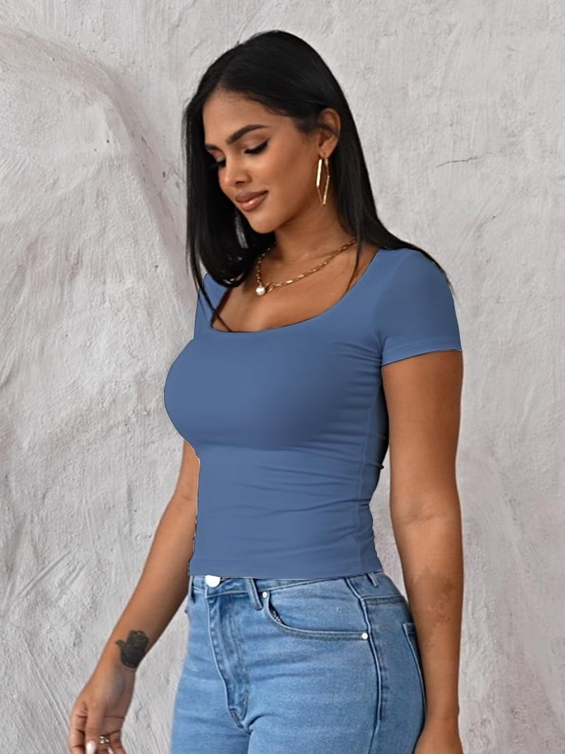 Dwnval Womens Summer Sexy Square Neck Tops Double Lined Short Sleeve Shirts Slim Fit Crop Top(Haze Blue, S) - Image 3
