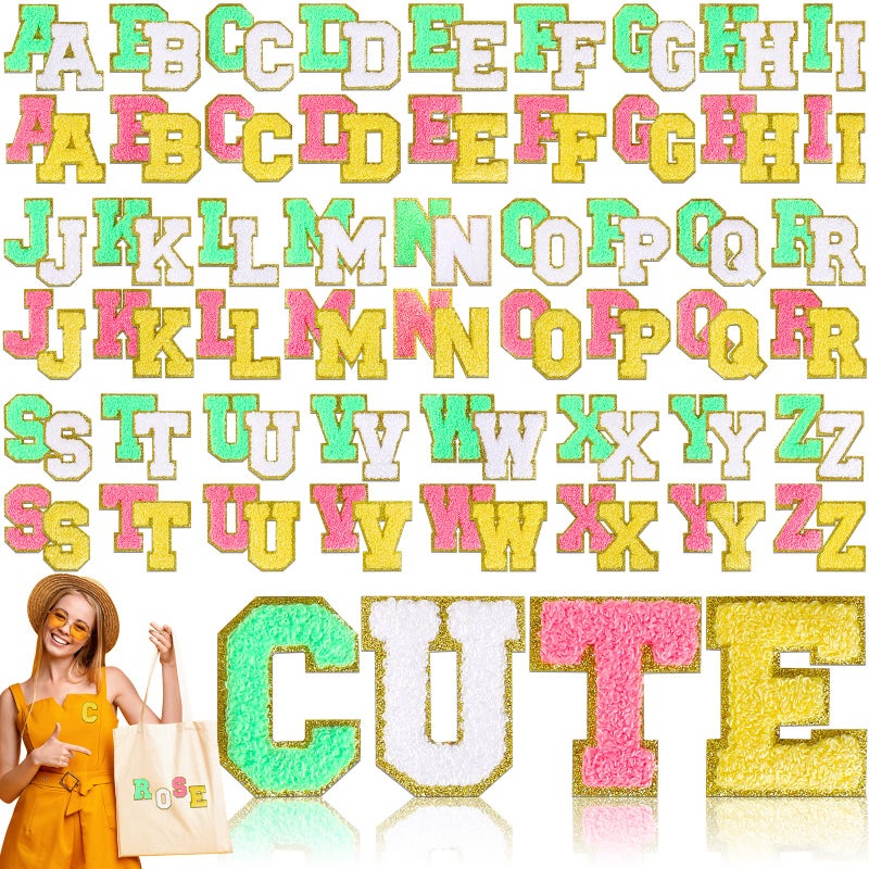 Jutom 104 Pcs Chenille Letter Patches Iron on Letters Patches Self Adhesive Chenille Embroidered Patch for ClothingClassicGreen White Yellow Pink