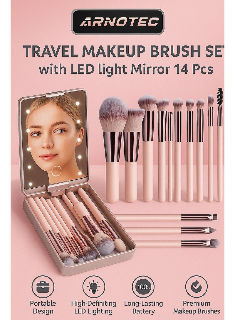 ARNOTEC Travel Makeup Brush Set with LED Light Mirror – 14 Pcs Professional Makeup Brushes in Pink Portable Box | Soft Synthetic Bristles, Compact Design for Daily & Travel Use - Image 1