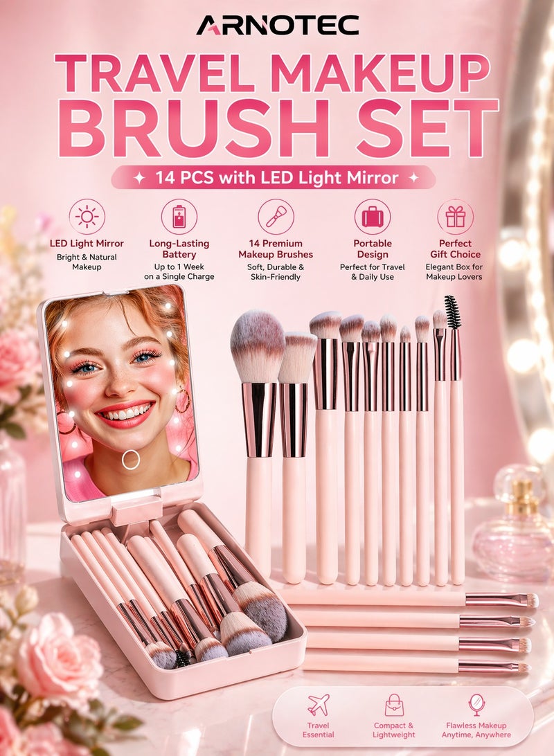 ARNOTEC Travel Makeup Brush Set with LED Light Mirror – 14 Pcs Professional Makeup Brushes in Pink Portable Box | Soft Synthetic Bristles, Compact Design for Daily & Travel Use - Image 1