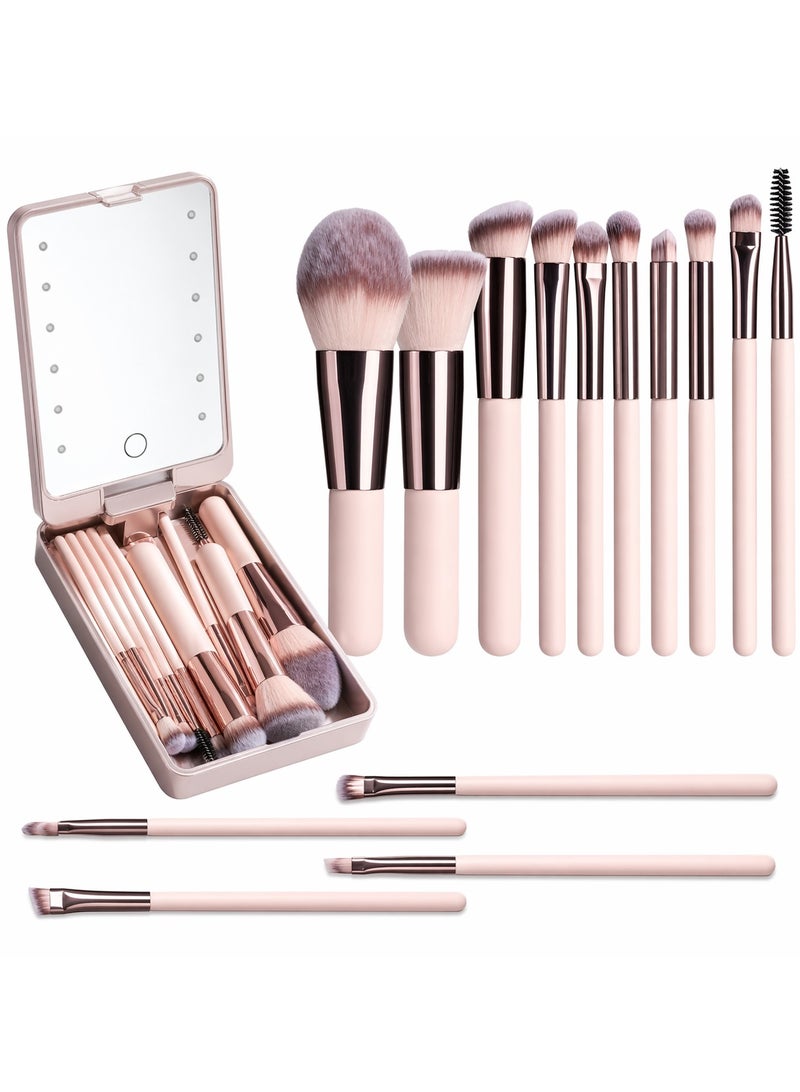 ARNOTEC Travel Makeup Brush Set with LED Light Mirror – 14 Pcs Professional Makeup Brushes in Pink Portable Box | Soft Synthetic Bristles, Compact Design for Daily & Travel Use - Image 3
