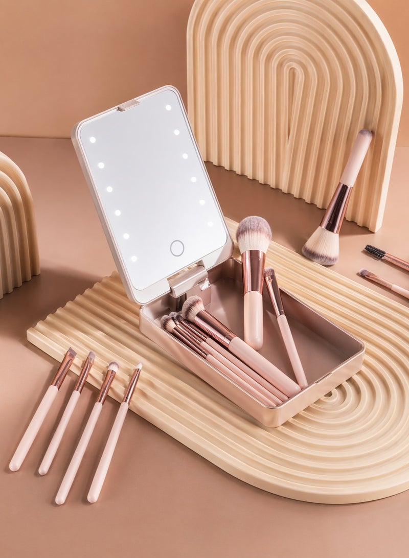 ARNOTEC Travel Makeup Brush Set with LED Light Mirror – 14 Pcs Professional Makeup Brushes in Pink Portable Box | Soft Synthetic Bristles, Compact Design for Daily & Travel Use - Image 4
