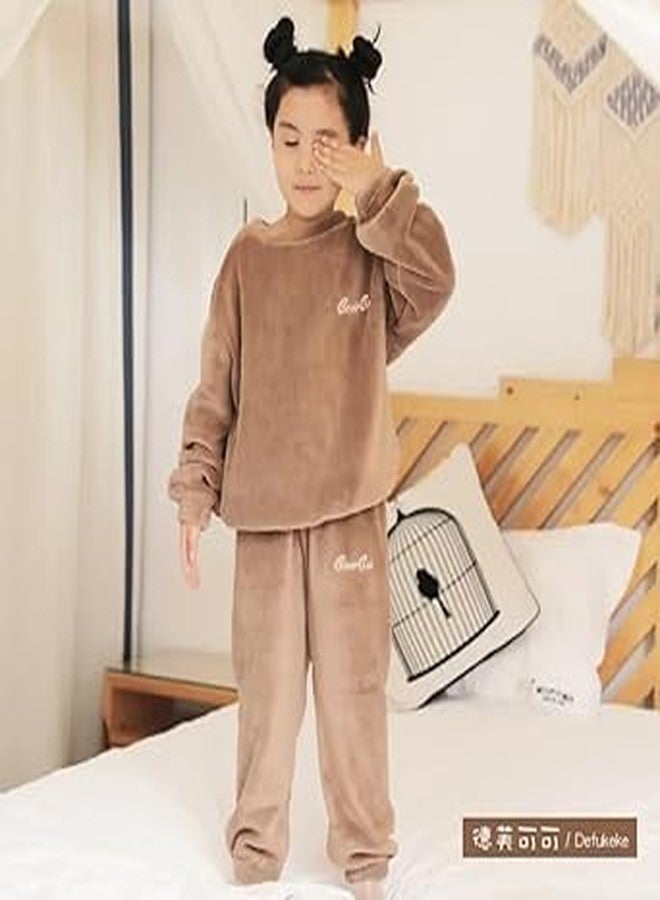 SHAPERX® Unisex Pajama Set | 2 Piece Plush Sleep Shirt and Pant Sets Sherpa Fleece Pajamas for Girls Pack of 1 (KHAKI, M) - Image 2