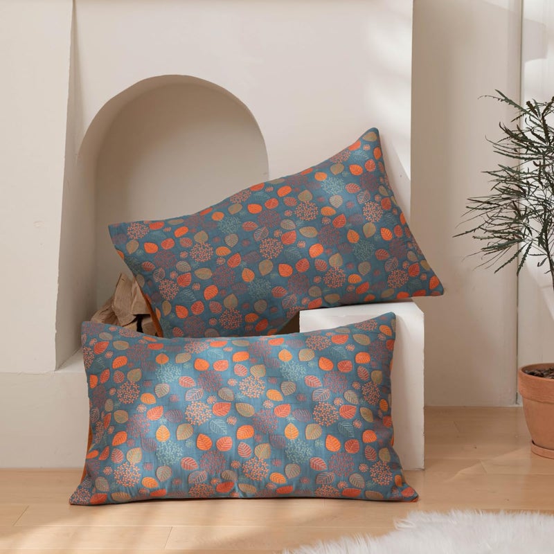 Purefair 100% Cotton Muslin Pillow Shams Set of 2 Jacquard Rustic Floral Leaves Pillow Covers, Soft 3 Layers Gauzy Reversible Pillow Protectors, 20"x30" - Image 1