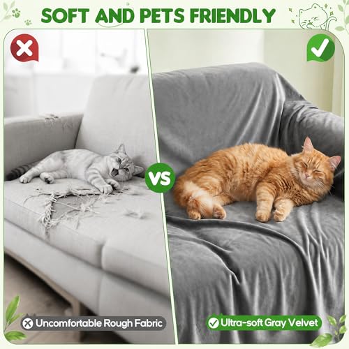 Loiion LOllON Velvet Couch Cover for Cats Dogs Kids - 100% Waterproof Cat Scratch Resistant Sofa Cover, Non-Slip Washable Furniture Protector,Ultra Soft Pet-Friendly Slipcover for 3-Seat Sofa 118"x71" Grey - Image 4