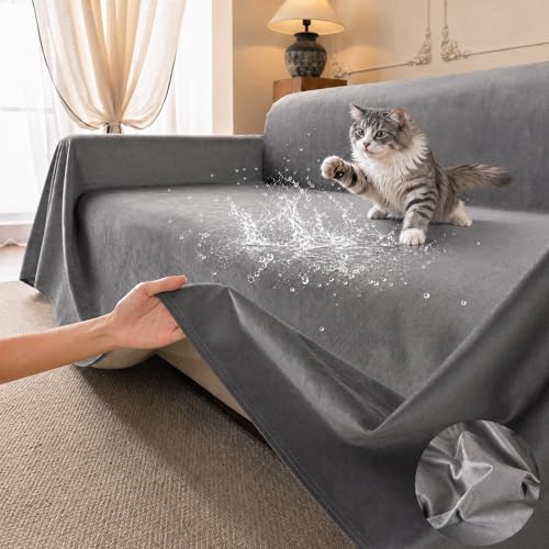 Loiion LOllON Velvet Couch Cover for Cats Dogs Kids - 100% Waterproof Cat Scratch Resistant Sofa Cover, Non-Slip Washable Furniture Protector,Ultra Soft Pet-Friendly Slipcover for 3-Seat Sofa 118"x71" Grey - Image 1