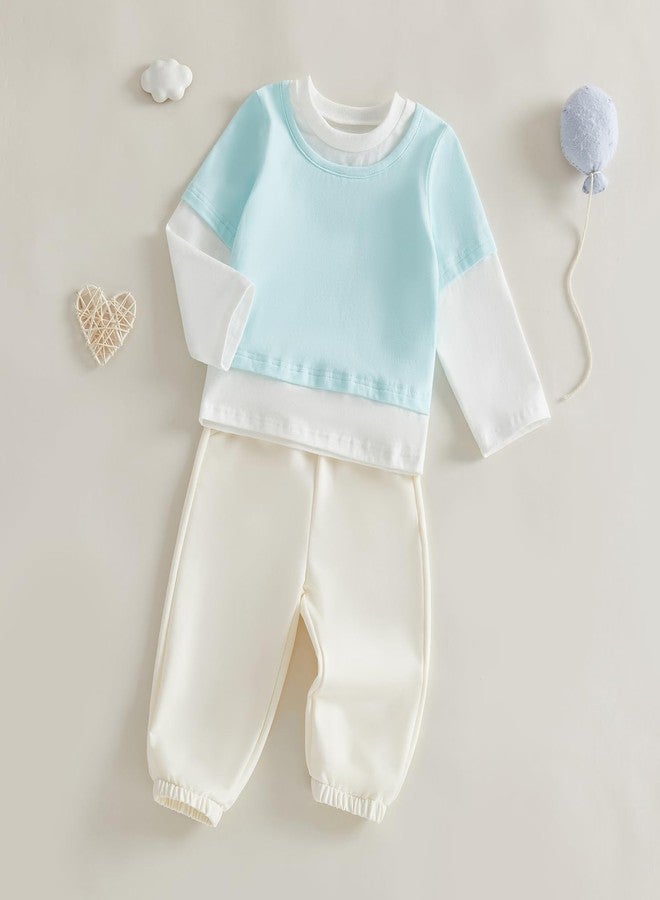 MoZiKQin Toddler Baby Boy Girl Fall Winter Outfits Long Sleeve Contrast Color Shirt and Pants Set Neutral Baby Clothes (Sky Blue, 12-18 Months) - Image 2
