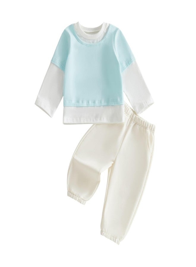 MoZiKQin Toddler Baby Boy Girl Fall Winter Outfits Long Sleeve Contrast Color Shirt and Pants Set Neutral Baby Clothes (Sky Blue, 12-18 Months) - Image 1