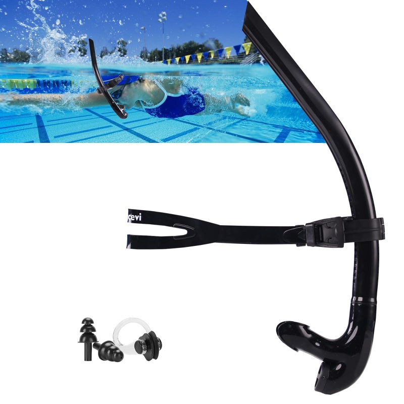 Focevi Swim Snorkel for Lap SwimmingNo Loud gurgling Noise No Hurt Forehead No Slip Swimming Snorkeling Training for AdultYouthSwimmer Snorkle Center Mount Snorkel OneWay Purge Valve Black - Image 2