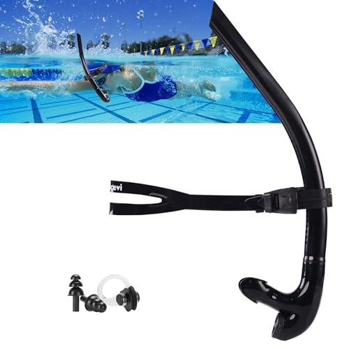 Focevi Swim Snorkel for Lap SwimmingNo Loud gurgling Noise No Hurt Forehead No Slip Swimming Snorkeling Training for AdultYouthSwimmer Snorkle Center Mount Snorkel OneWay Purge Valve Black - Image 1