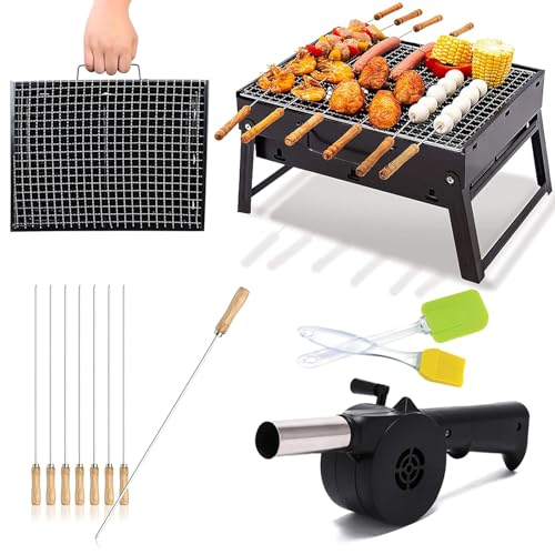 ORILEY 【Upgraded 2025-26】 Foldable and Portable Charcoal Barbeque Grill Set 【5 Combo】: 【8-Sticks】 【1-Spatula】 【1-Oil Brush】 【1-Blower】 Heavy Duty BBQ for Home Outdoor Camping Picnic Travel Cooking - Image 1