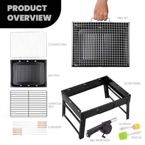 ORILEY 【Upgraded 2025-26】 Foldable and Portable Charcoal Barbeque Grill Set 【5 Combo】: 【8-Sticks】 【1-Spatula】 【1-Oil Brush】 【1-Blower】 Heavy Duty BBQ for Home Outdoor Camping Picnic Travel Cooking - Image 2