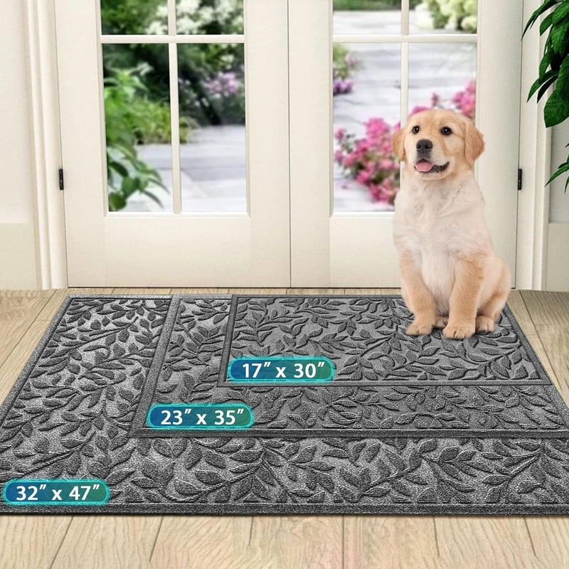 Bulijojo Outdoor Indoor Entrance Doormats,Durable Heavy Duty Welcome Mat,Thick Absorbent Natural Rubber Non Slip Mat,Easy Clean Entryway Rug 17x30 Inch Leaves Grey - Image 3