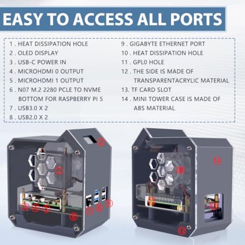 N07 MiniTower NVMe NAS Kit for Raspberry Pi 5: desktop use, aluminum alloy, black, silent cooling and tool-less drive installation - Image 2