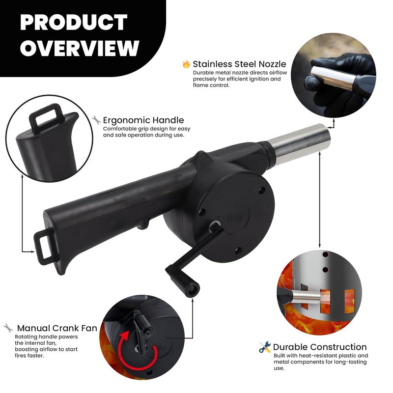 ORILEY مروحة شواية أورايلي اليدوية لتفجير الهواء أداة إشعال النار للشواء في الهواء الطلق (عبوة من 1، أسود) - Image 3