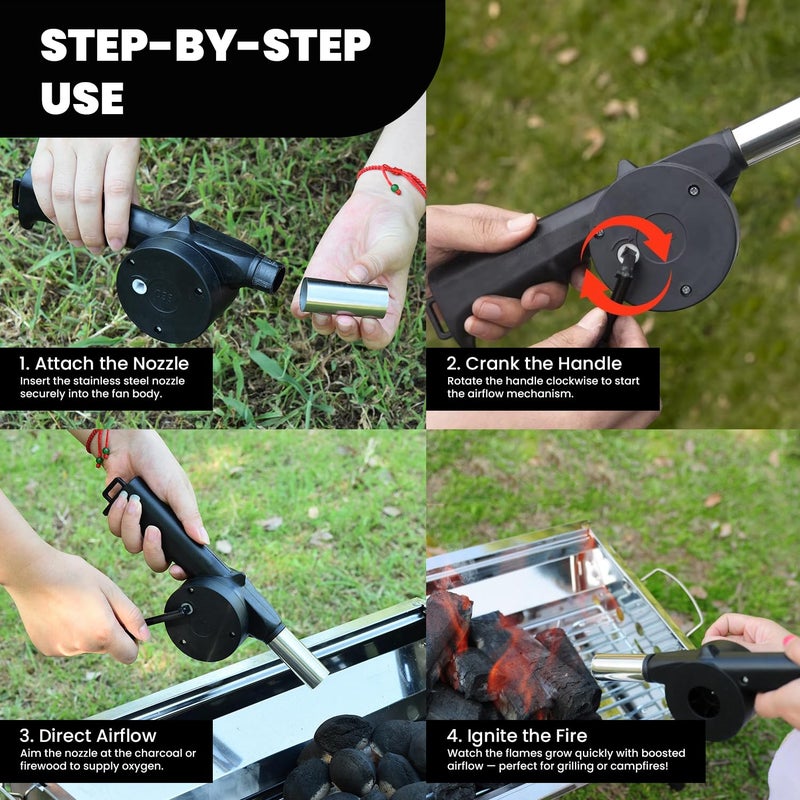 ORILEY مروحة شواية أورايلي اليدوية لتفجير الهواء أداة إشعال النار للشواء في الهواء الطلق (عبوة من 1، أسود) - Image 4