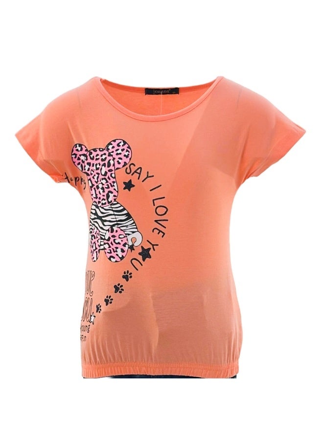 JOANNA JOANNA 23KY366B Girl's Say I Love You & Animal Print Round Neck Short Sleeve T-Shirt - Orange  - Image 1