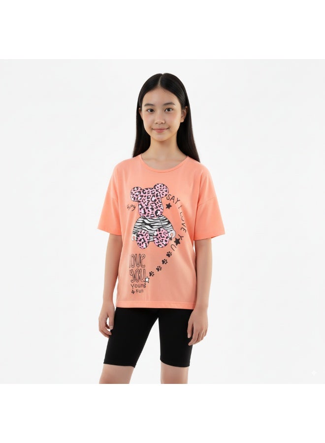JOANNA 23KY366B Girl's Say I Love You & Animal Print Round Neck Short Sleeve T-Shirt - Orange - 2 Years - Image 1