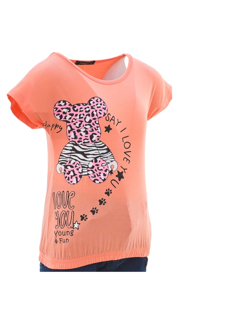 JOANNA 23KY366B Girl's Say I Love You & Animal Print Round Neck Short Sleeve T-Shirt - Orange - 2 Years - Image 5