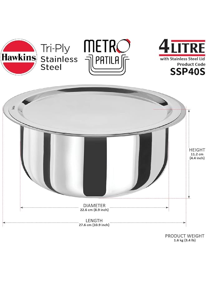 هوكينز مترو باتيلا سعة 4 لتر، سطح من الفولاذ المقاوم للصدأ ثلاثي الطبقات مع غطاء من الفولاذ المقاوم للصدأ، باغونا حثي، تابيلي، فضي (Ssp40S) - Image 5