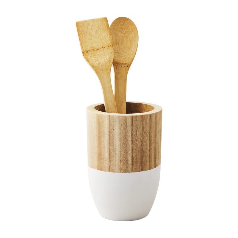 Mud Pie Paulownia Wood Utensil Holder and Utensil Set  Colorblock  holder 7.5"" x 5.25"" dia | utensil 12""
