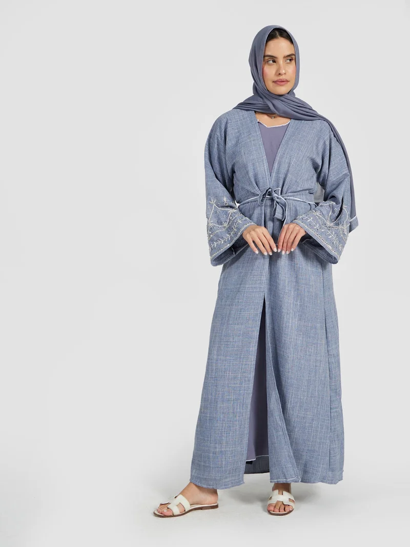 Reem Abayas Blue Textured Summer Abaya with Intricate White Sleeve Embroidery