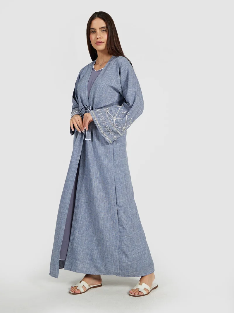 Reem Abayas Blue Textured Summer Abaya with Intricate White Sleeve Embroidery