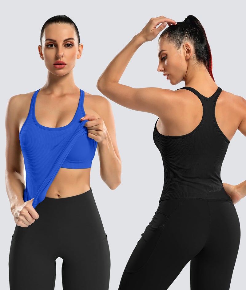 ATTRACO Ribbed Tank Tops for Women Built-in Bra Seamless Cropped Exercise Tank Tops 2 Pack Blue M - Image 2