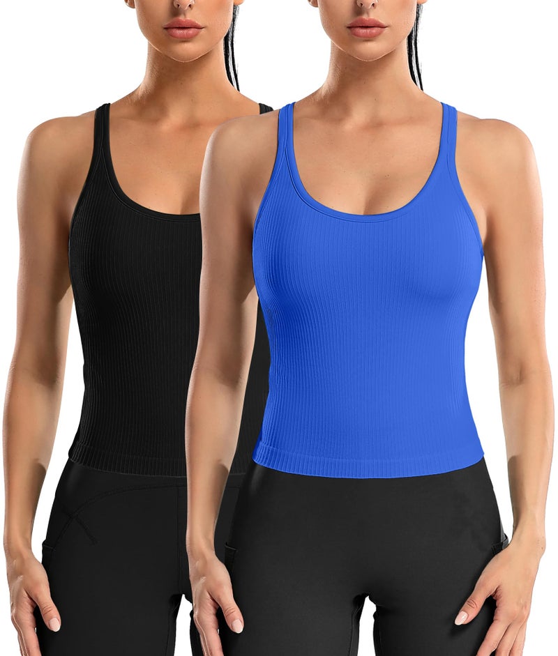 ATTRACO Ribbed Tank Tops for Women Built-in Bra Seamless Cropped Exercise Tank Tops 2 Pack Blue M - Image 1