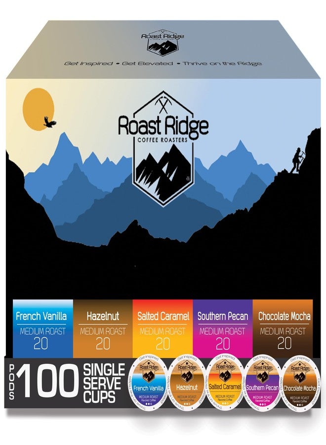 Roast Ridge كبسولات قهوة روست ريدج للاستخدام الفردي لماكينات تحضير القهوة كيوريج كي-كاب، عبوة متنوعة، 100 كبسولة (20 كبسولة من كل نوع: كراميل مملح، جوز البقان الجنوبي، موكا الشوكولاتة، البندق، الفانيليا الفرنسية) - Image 1