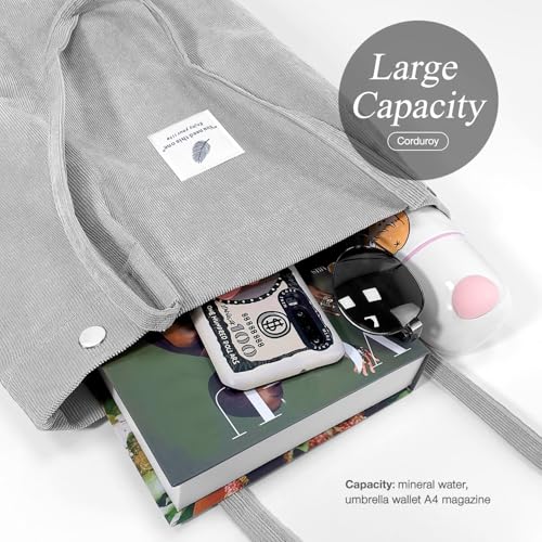 LHMTQVK Corduroy Tote Bags for Women, Large Capacity Tote Purse Reusable Grocery Shoulder Bag with Inner Pockets, Grey - Image 3