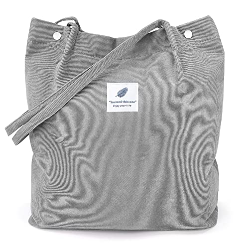 LHMTQVK Corduroy Tote Bags for Women, Large Capacity Tote Purse Reusable Grocery Shoulder Bag with Inner Pockets, Grey - Image 1