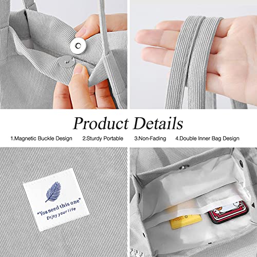 LHMTQVK Corduroy Tote Bags for Women, Large Capacity Tote Purse Reusable Grocery Shoulder Bag with Inner Pockets, Grey - Image 4