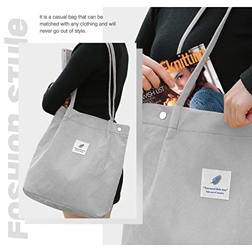 LHMTQVK Corduroy Tote Bags for Women, Large Capacity Tote Purse Reusable Grocery Shoulder Bag with Inner Pockets, Grey - Image 5