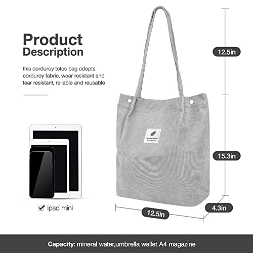 LHMTQVK Corduroy Tote Bags for Women, Large Capacity Tote Purse Reusable Grocery Shoulder Bag with Inner Pockets, Grey - Image 2
